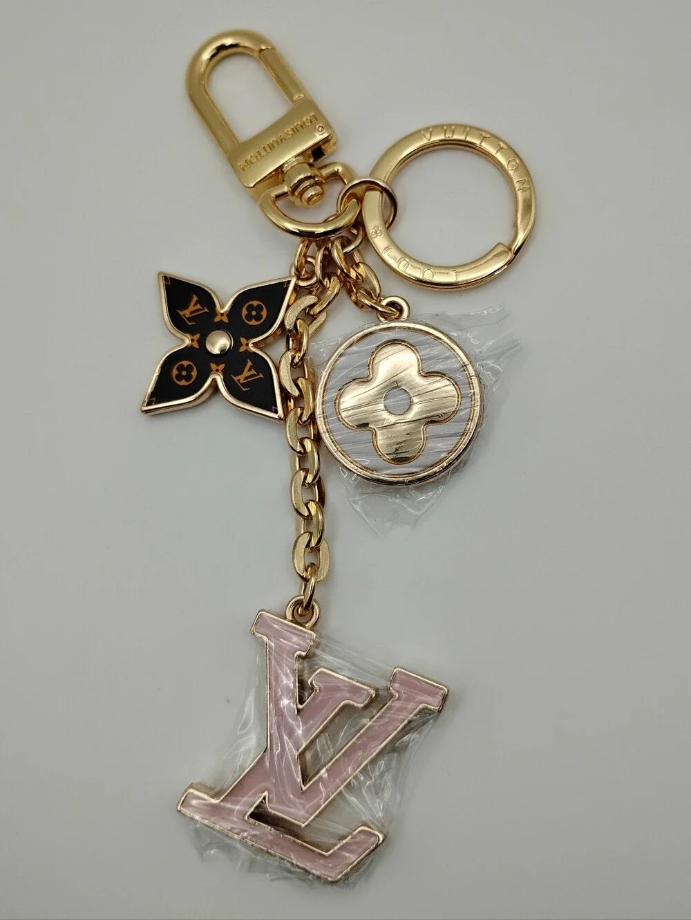 Louis Vuitton Gold & Pink LV Charm Keychain Authentic